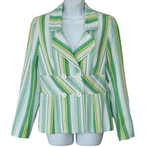 Vtg Green White Striped Seersucker Jacket 12 Lightweight Blazer Spring Summer